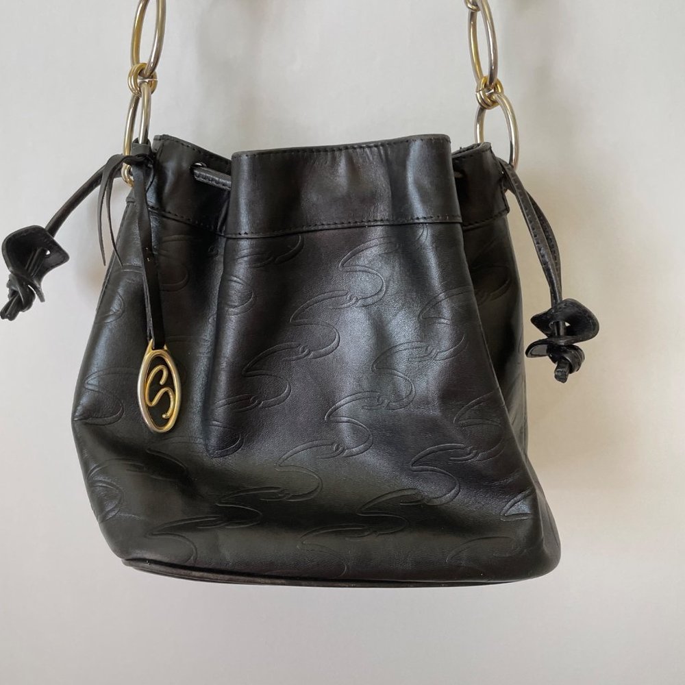 Vintage Scaasi Handbag Black Leather Logo Bucket Bag 1980s